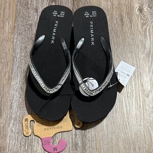 NWT Primark Black Flip Flops with Rhinestone Straps